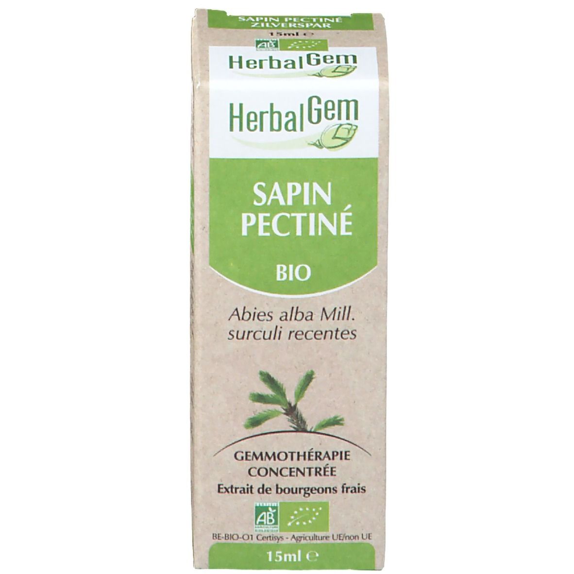 Emballage. Boîte avec nom du produit et logo. HerbalGem. Label bio.