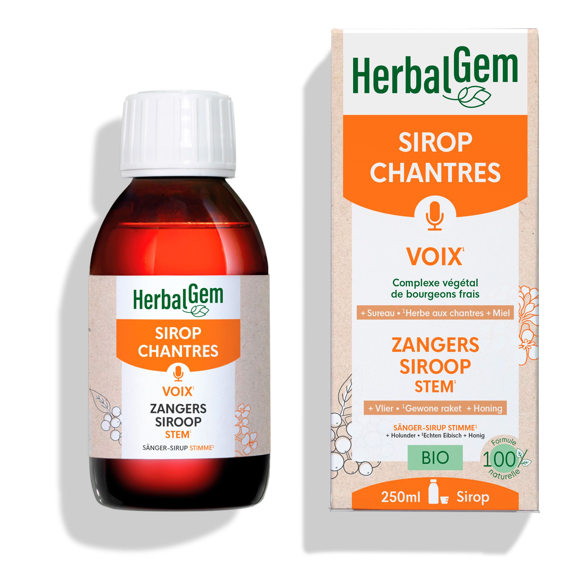 Bruine fles en doos. Herbalgem Sirop Des Chantres Bio. Bio-certificering. 250ml.