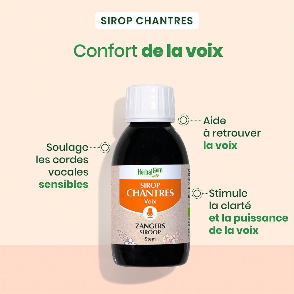 Bouteille et boîte marron. Herbalgem Sirop Des Chantres Bio. Certification bio. 250ml.