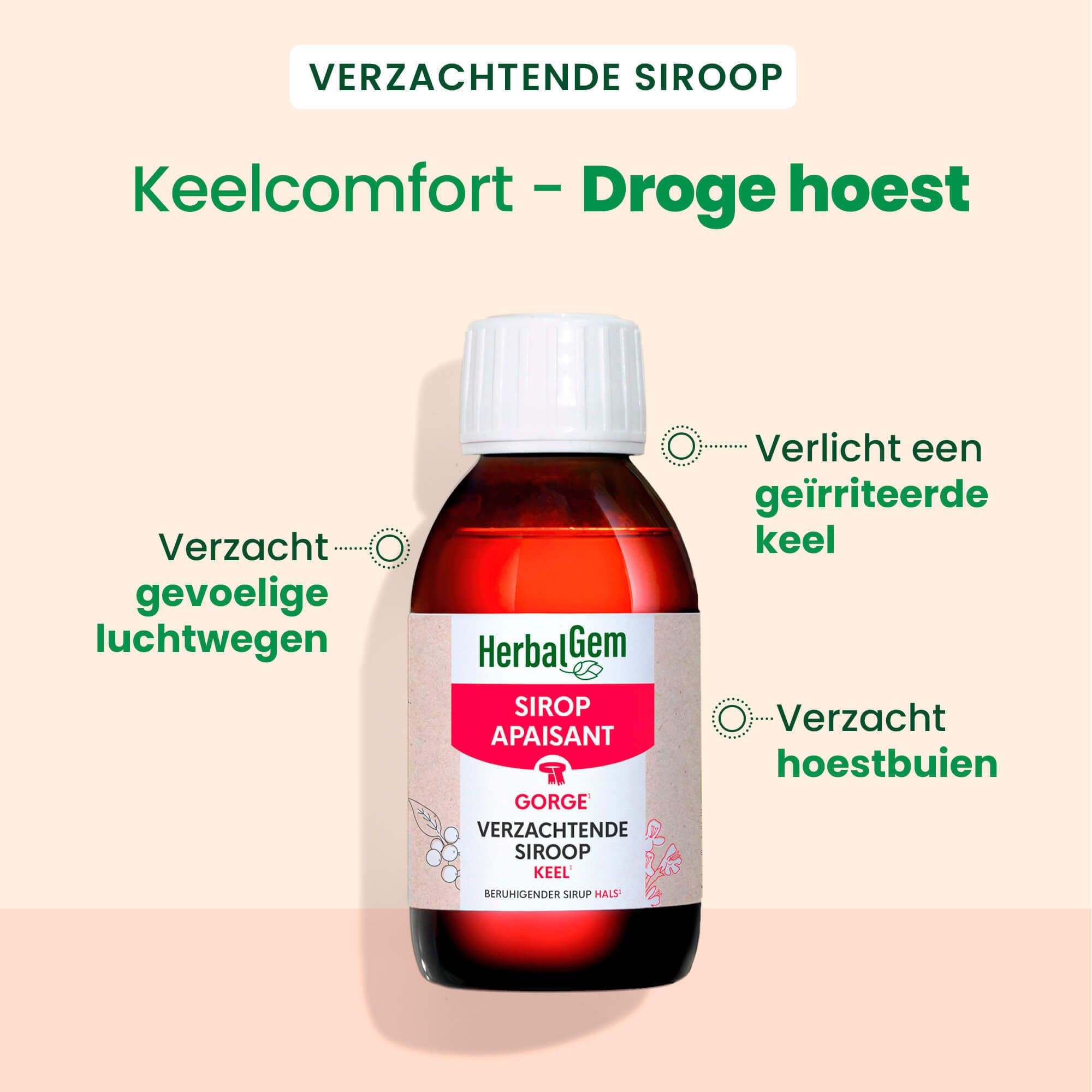 Fles Herbalgem. Opschrift: Verzachtende Siroop Keel. Verzacht geïrriteerde keel. Bio-certificering.