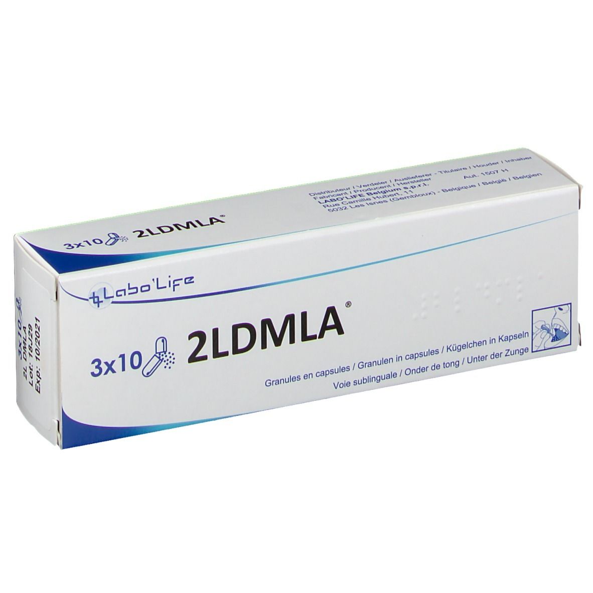 Witte doos met blauwe tekst. Opschrift: 3x10 2LDMLA. Granules in capsules. Merk: Labo'Life.