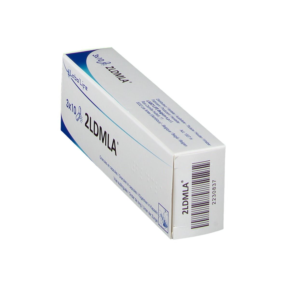 Doos met blauwe tekst. Opschrift: 3x10 2LDMLA. Merk: Labo'Life. Barcode en productnaam.