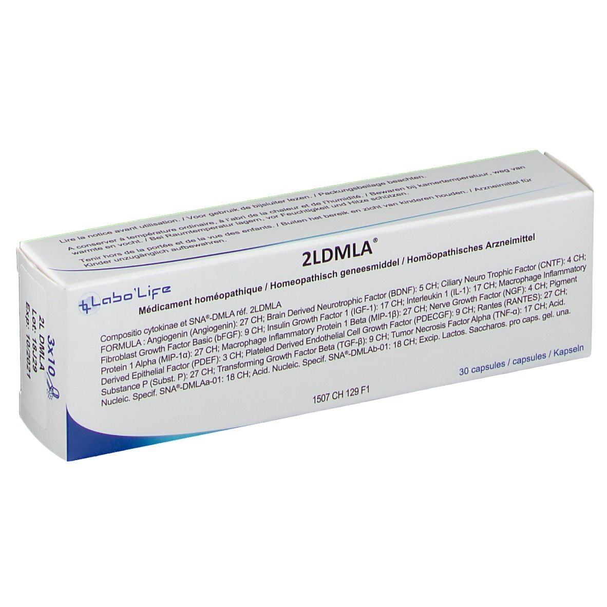 Witte doos met blauwe tekst. Opschrift: 2LDMLA. Merk: Labo'Life. Bevat 30 capsules.