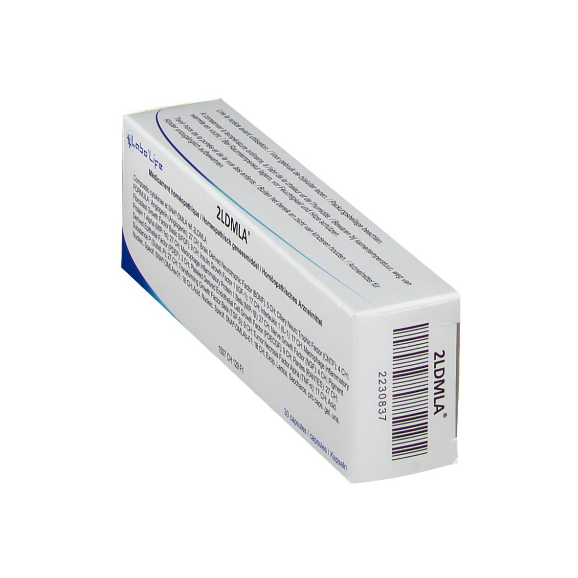 Doos met blauwe tekst. Opschrift: 2LDMLA. Merk: Labo'Life. Barcode en productnaam.