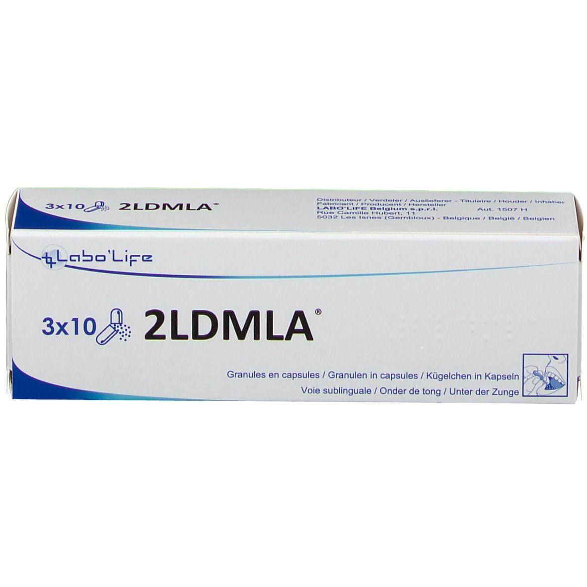 Witte doos met blauwe tekst. Opschrift: 3x10 2LDMLA. Granules in capsules. Merk: Labo'Life.