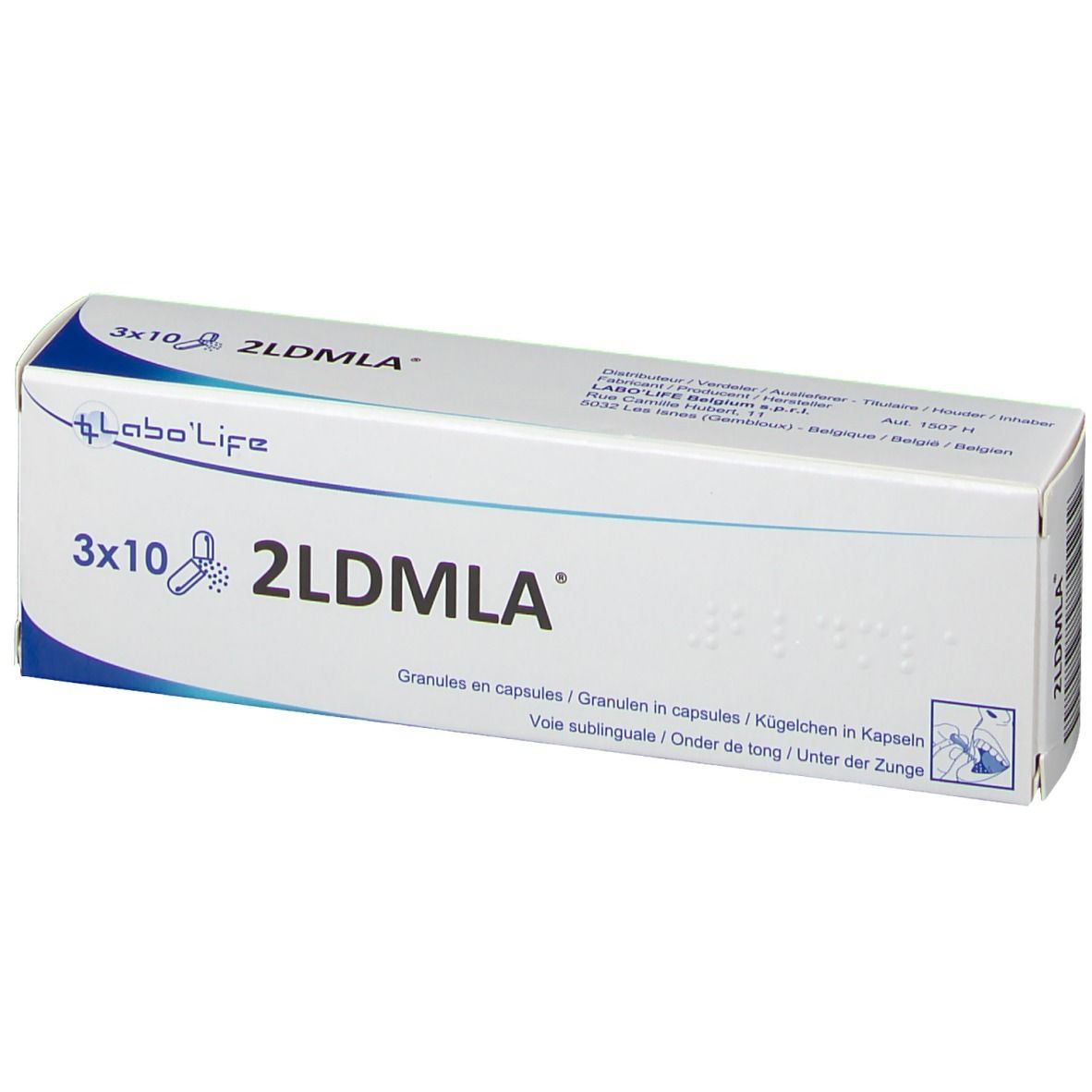 Witte doos met blauwe tekst. Opschrift: 3x10 2LDMLA. Granules in capsules. Merk: Labo'Life.