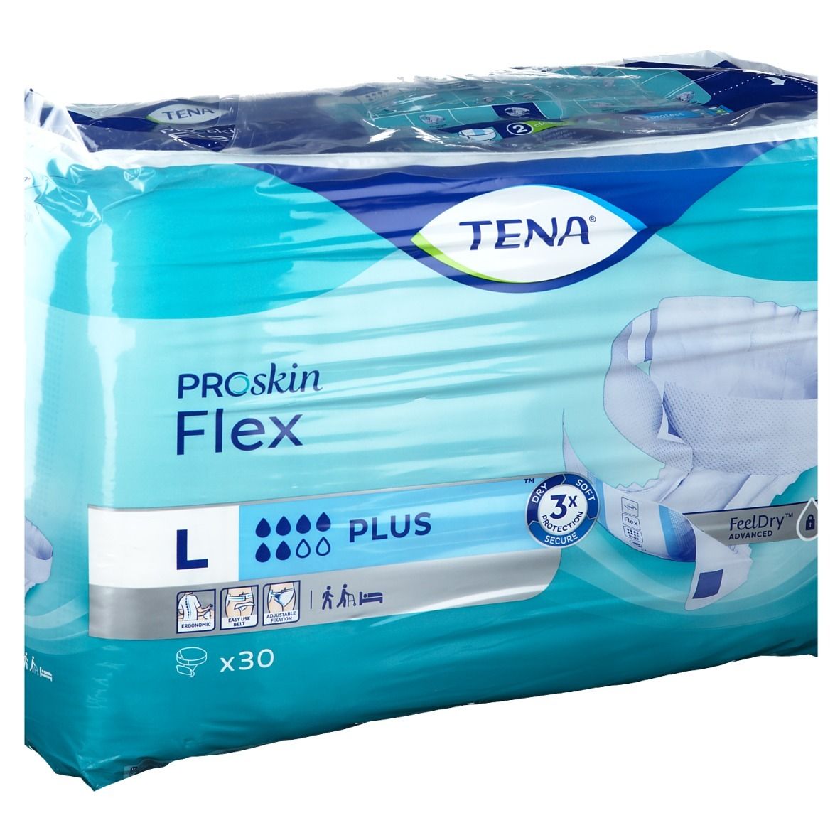 Emballage TENA ProSkin Flex L. Emballage bleu avec image du produit. Taille L, 30 unités.