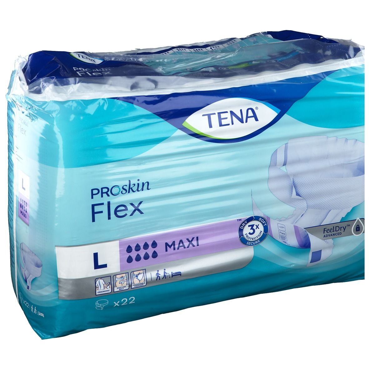 Verpakking Tena® Flex Maxi L. Blauw-wit, transparant verpakt. Opschrift: Tena, Proskin Flex, L, Maxi, x22. Vochtindicatoren.