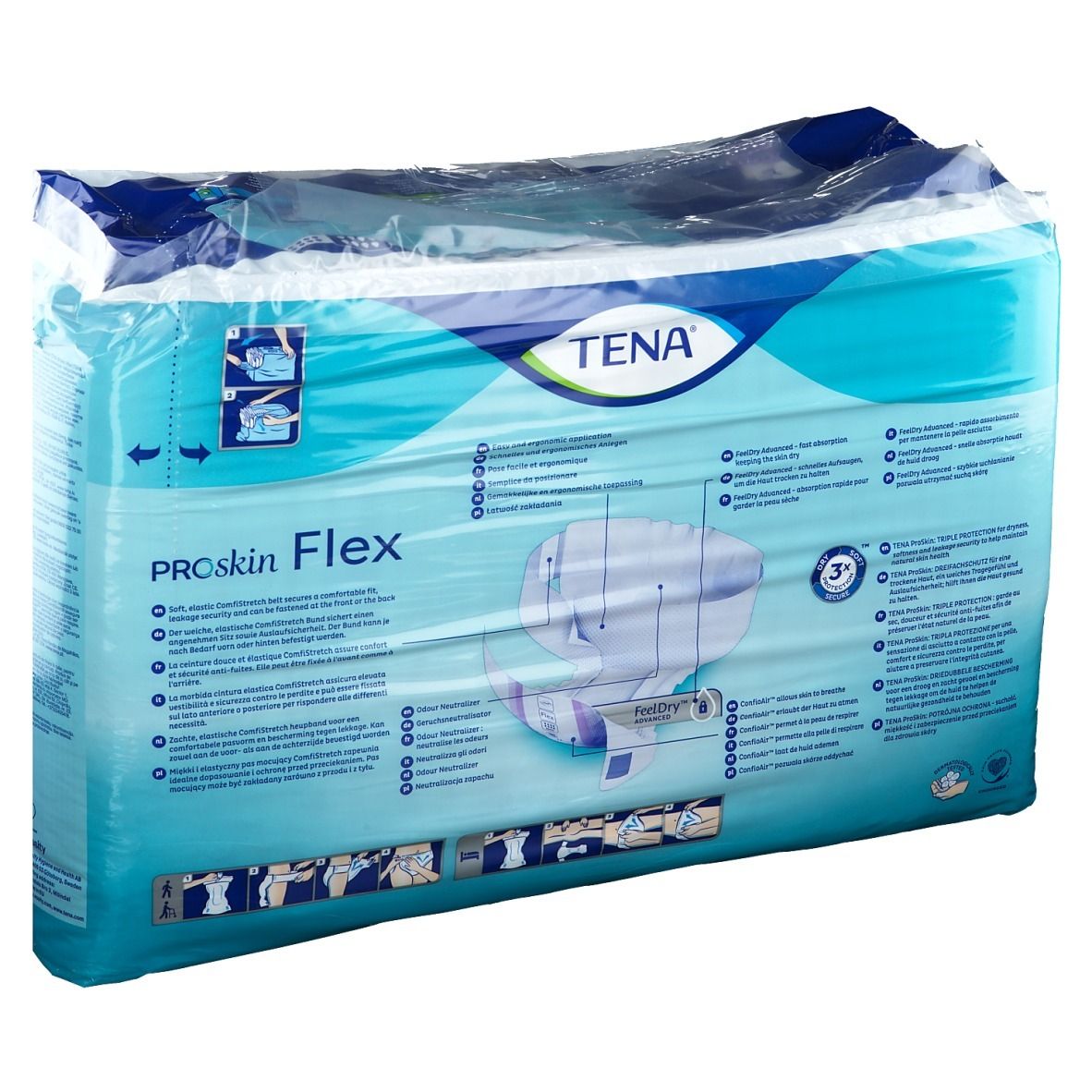 Verpakking Tena® Flex Maxi L. Blauw-wit, transparant verpakt. Opschrift: Tena, Proskin Flex, L, Maxi, x22. Productillustratie.
