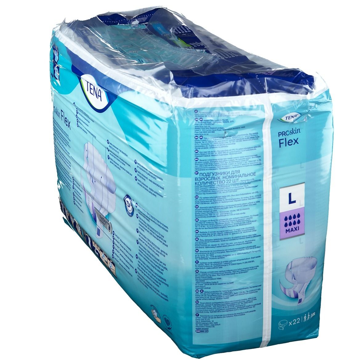 Verpakking Tena® Flex Maxi L. Blauw-wit, transparant verpakt. Opschrift: Tena, Proskin Flex, L, Maxi, x22. Perspectief.