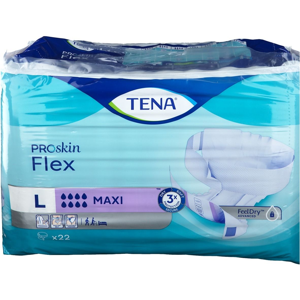 Verpakking Tena® Flex Maxi L. Blauw-wit, transparant verpakt. Opschrift: Tena, Proskin Flex, L, Maxi, x22. Vochtindicatoren, 3x Secure.