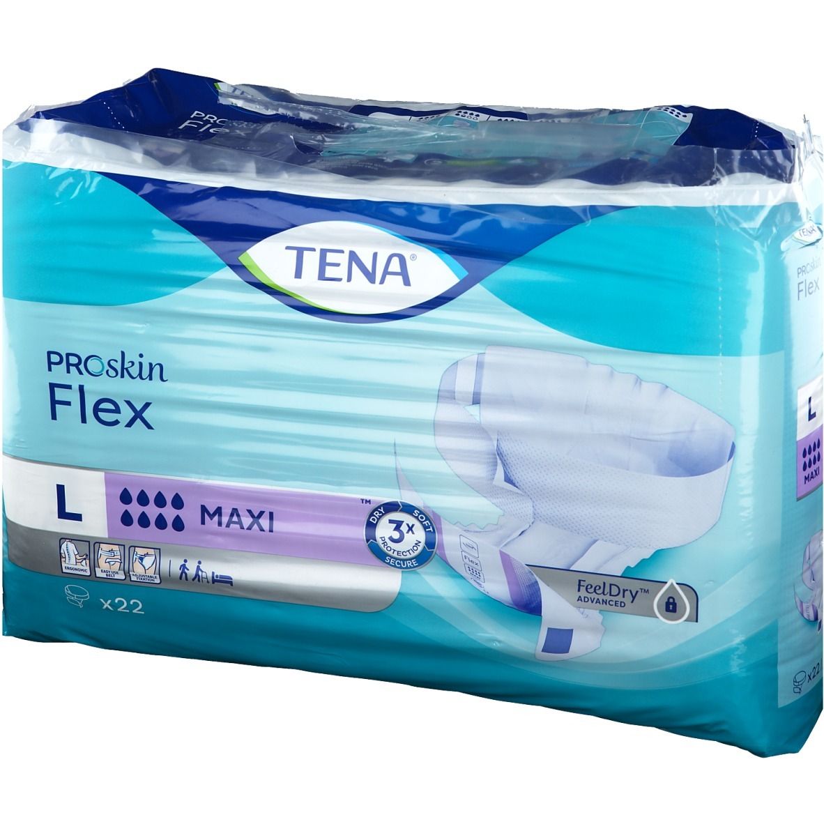 Verpakking Tena® Flex Maxi L. Blauw-wit, transparant verpakt. Opschrift: Tena, Proskin Flex, L, Maxi, x22. Vochtindicatoren, 3x Secure.