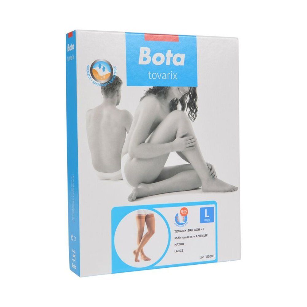Emballage Bota tovarix. Bas de compression, taille L, couleur naturelle. Illustration d'une femme et du produit.