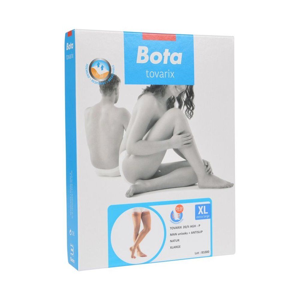 Emballage Bota tovarix, bas de compression, taille XL. Informations produit et illustration d'une femme et d'un homme.
