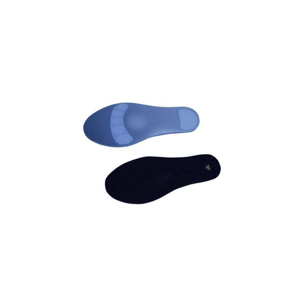 Twee inlegzolen, blauw en zwart. Blauwe zool met verhoogde zone. Anatomische vorm.