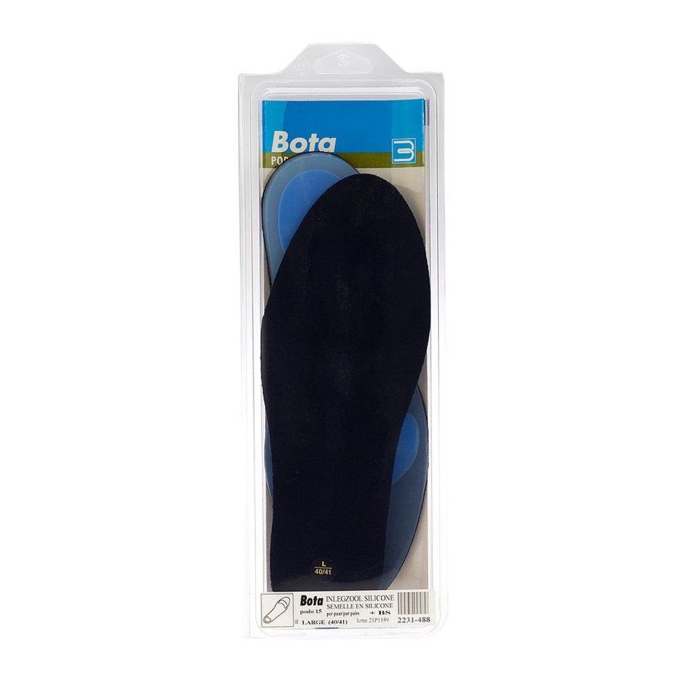 Emballage avec deux semelles intérieures. Semelles bleues et noires. Nom du produit et logo visibles sur l'emballage.