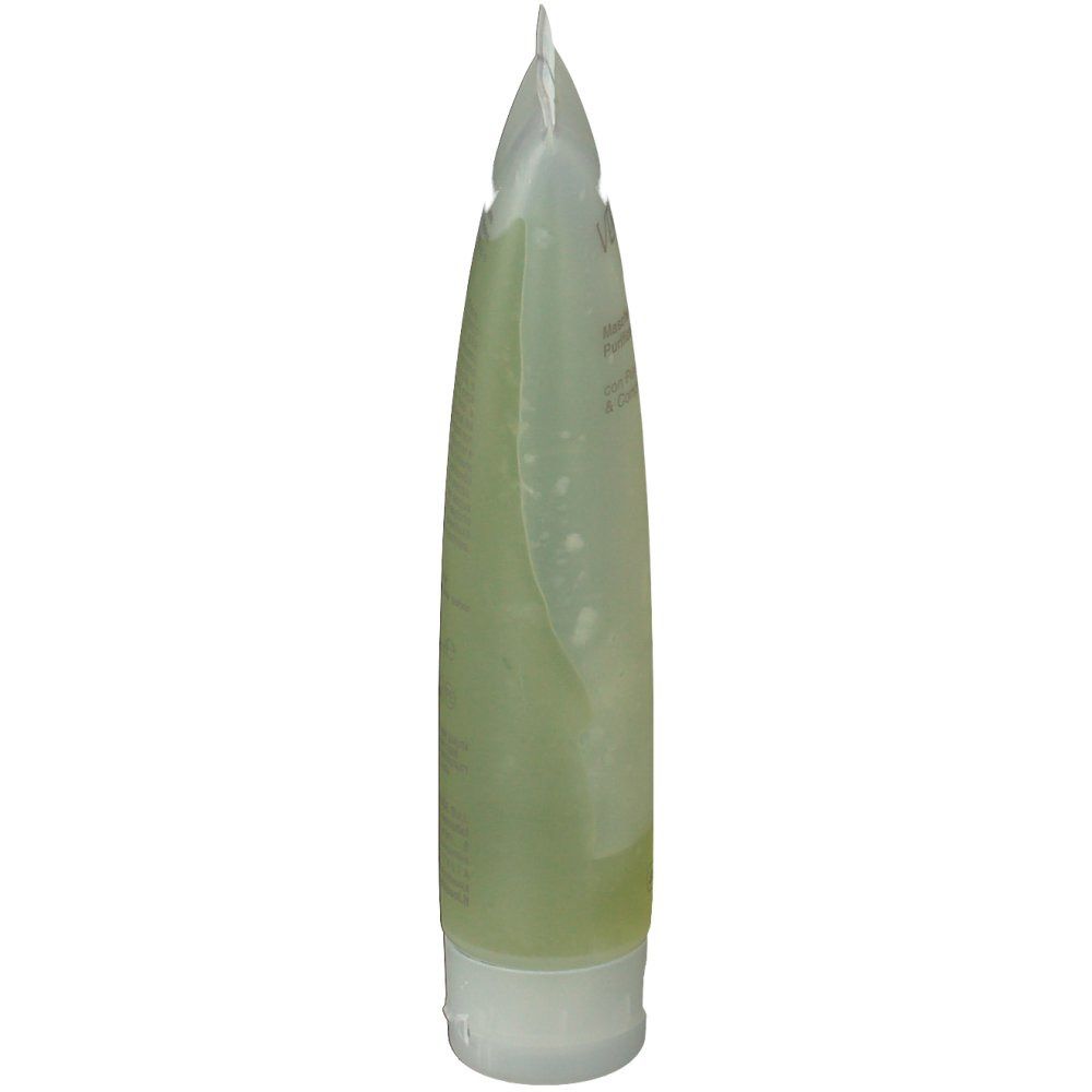 Slanke, transparante tube met groenachtige gel. Zijaanzicht van het product. Witte sluiting.