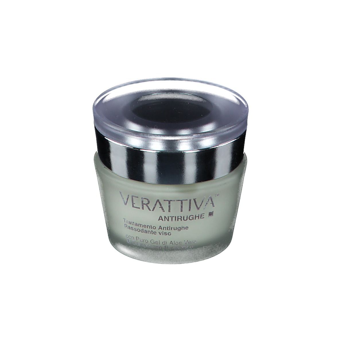 Crèmepot met zilveren rand en transparante deksel. Opschrift: Verattiva, Antirughe, Trattamento Antirughe, Rassodante viso.