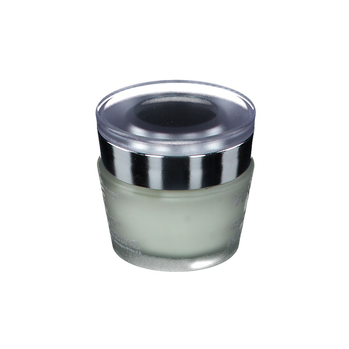 Crèmepot met zilveren rand en transparante deksel. Product gedeeltelijk zichtbaar. Opschrift niet volledig leesbaar.