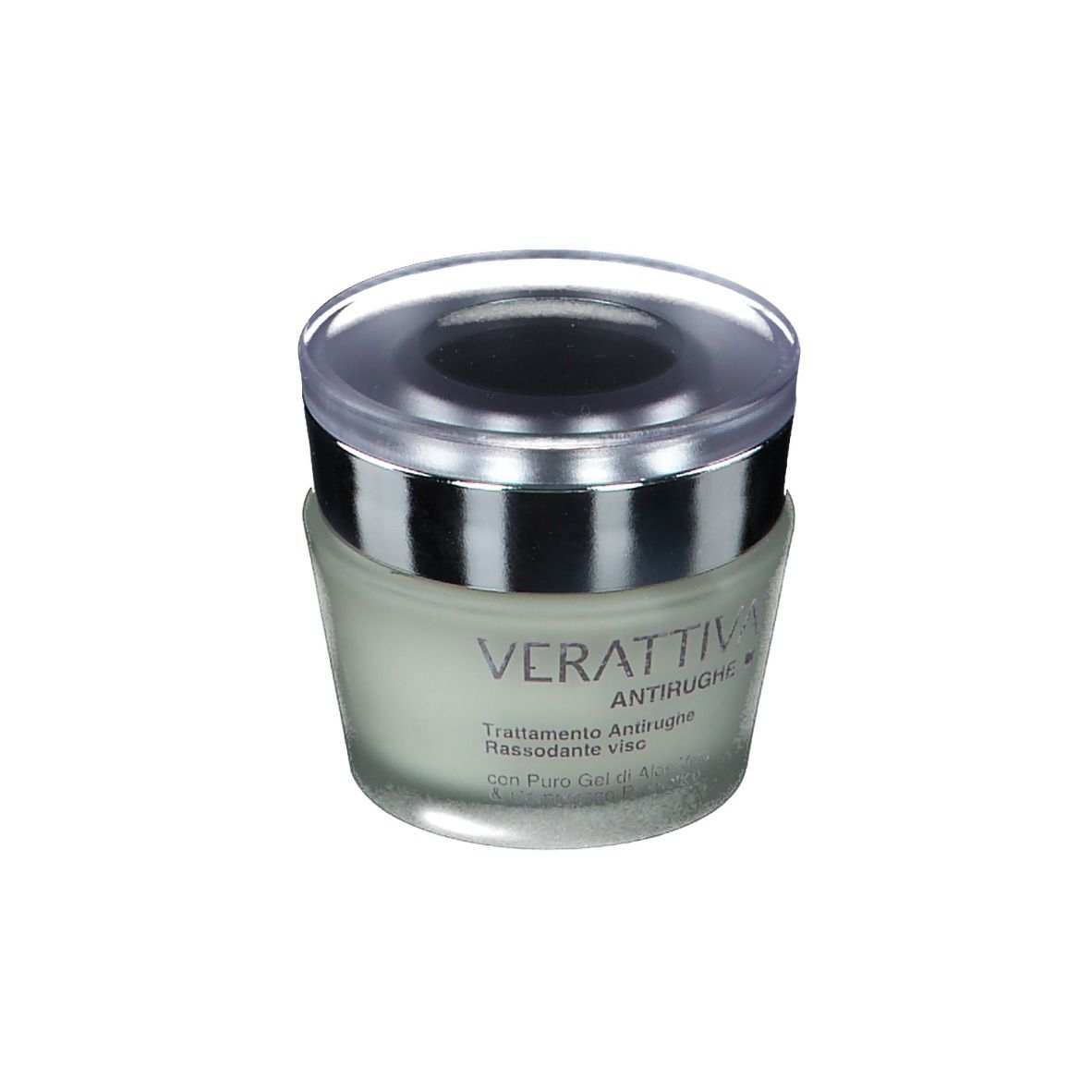 Crèmepot met zilveren rand en transparante deksel. Opschrift: Verattiva, Antirughe, Trattamento Antirughe, Rassodante viso.