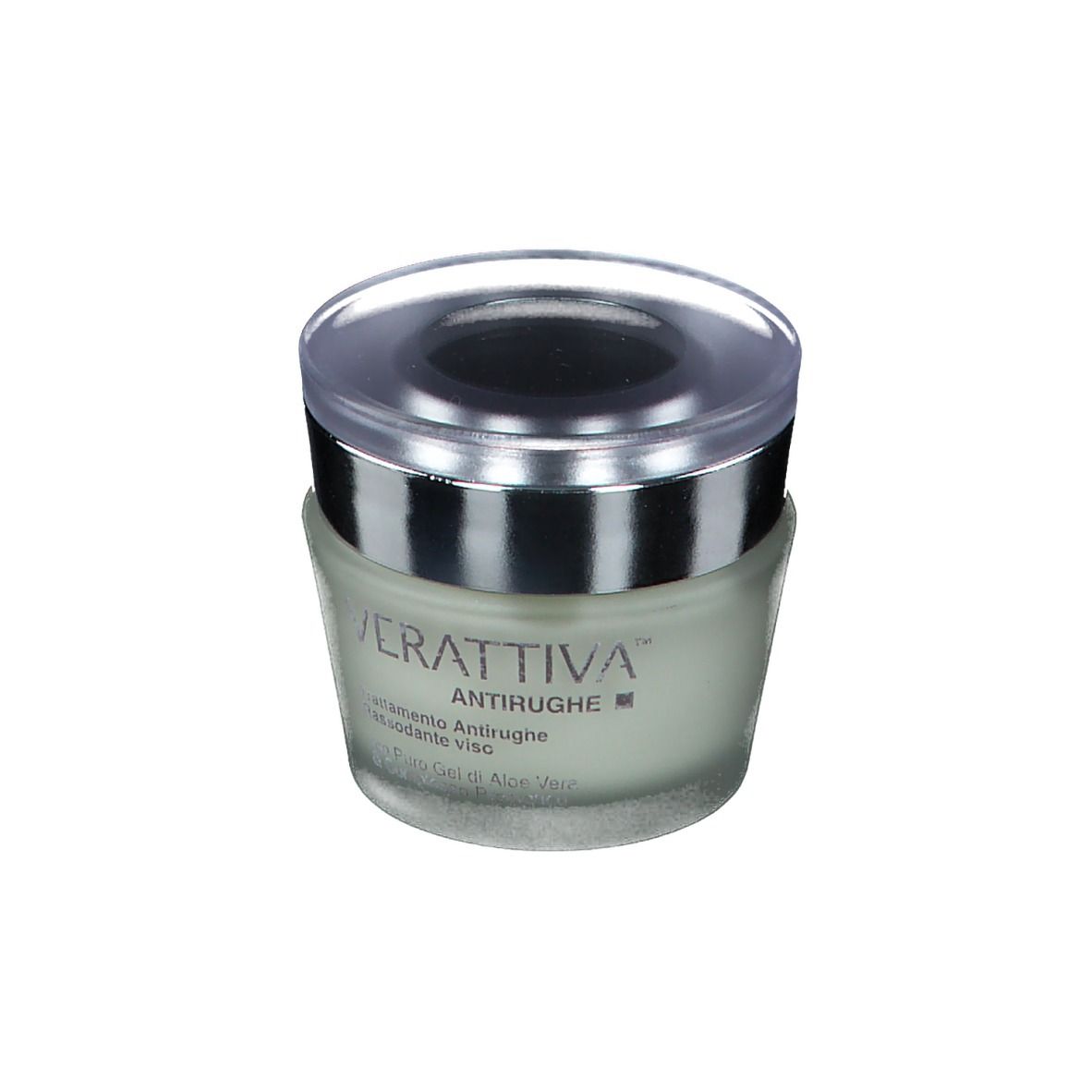 Crèmepot met zilveren rand en transparante deksel. Opschrift: Verattiva, Antirughe, Trattamento Antirughe, Rassodante viso.