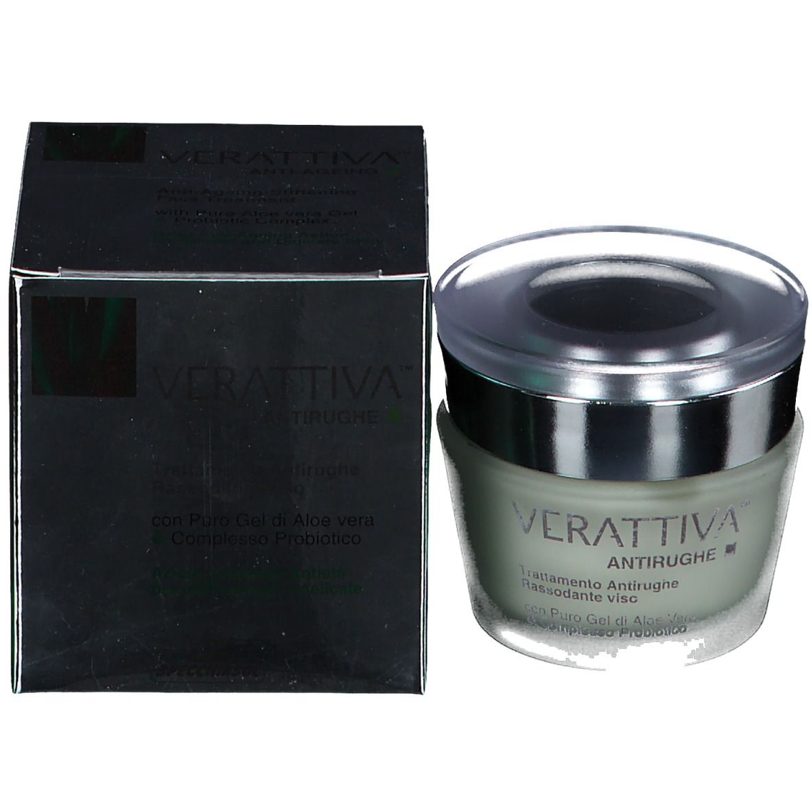 Crèmepot met zilveren rand en transparante deksel, naast zwarte verpakking. Opschrift: Verattiva, Antirughe.