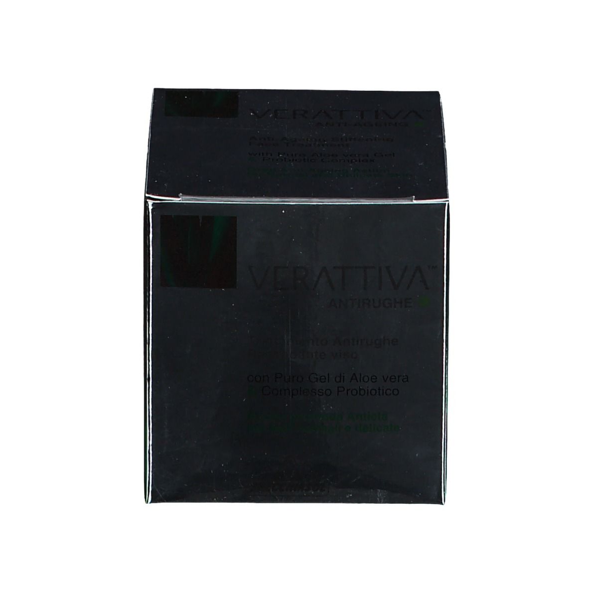 Zwarte verpakking met productnaam en informatie. Opschrift: Verattiva, Antirughe, met pure aloë vera gel.