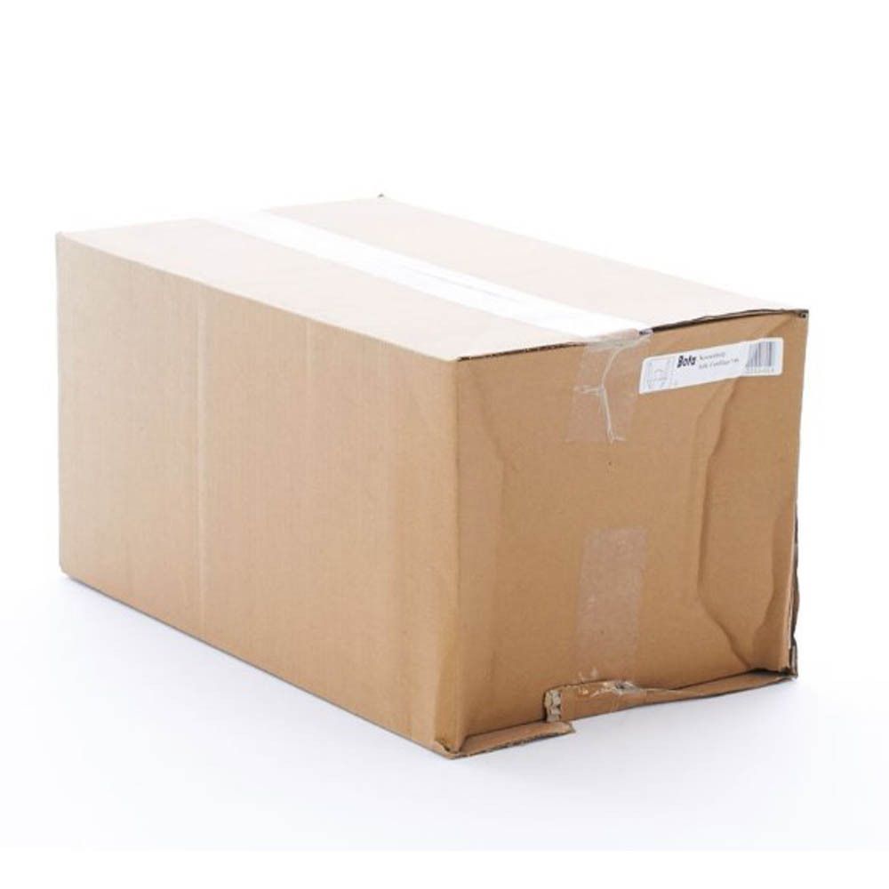 Bruine kartonnen verpakking. Gesloten, afgesloten met tape. Klein etiket met tekst.