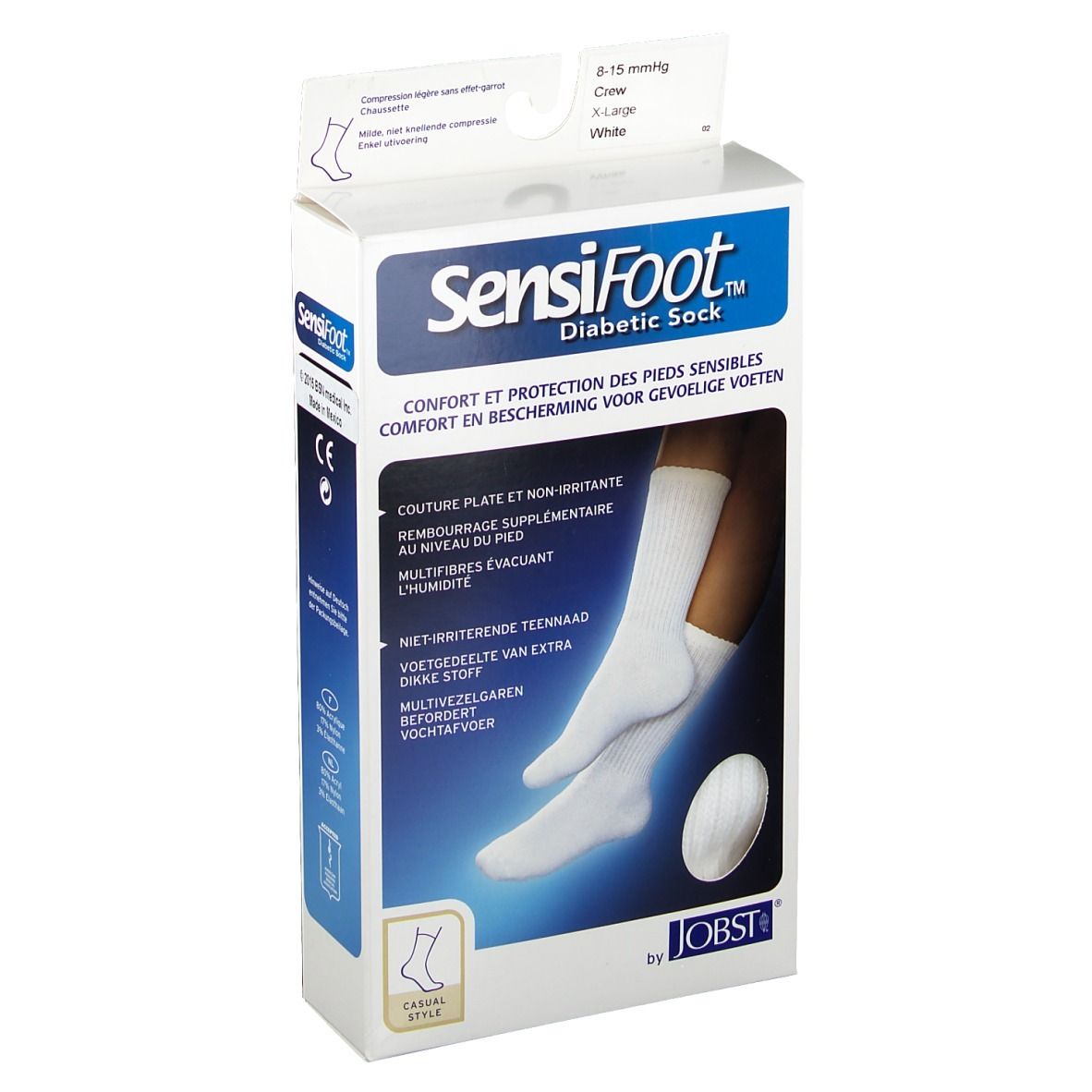 Witte sokken in verpakking. Opschrift: SensiFoot Diabetic Sock, CE-markering, Jobst-logo. Maat XL, compressie 8-15 mmHg.