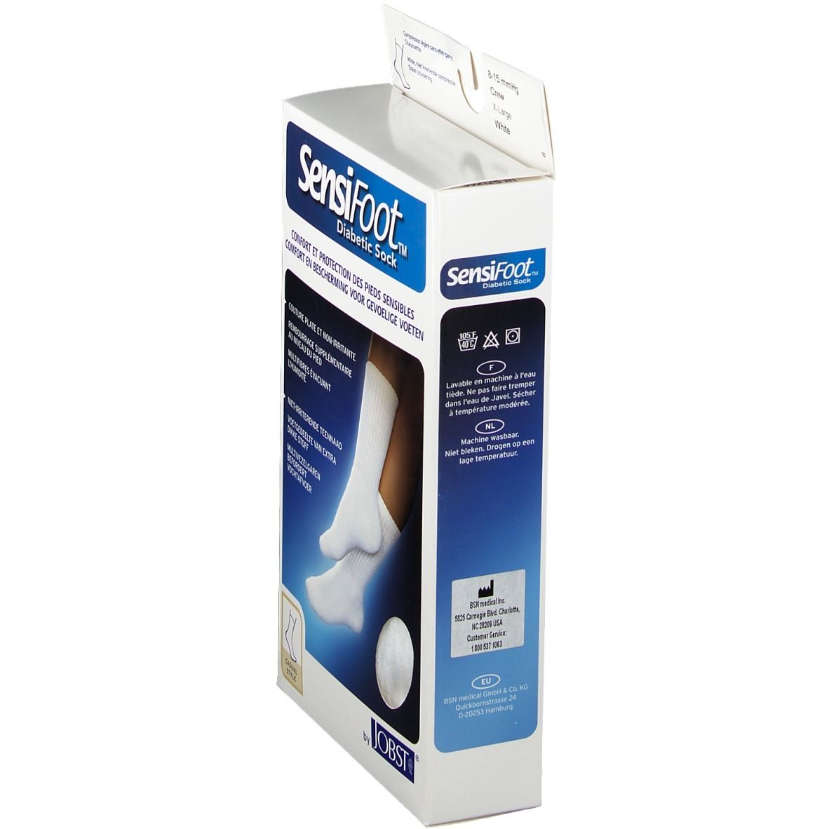 Verpakking met witte sokken. Opschrift: SensiFoot Diabetic Sock, Jobst-logo, CE-markering. Wasvoorschriften. Maat XL, compressie 8-15 mmHg.