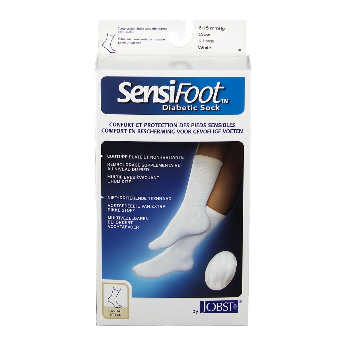 Witte sokken in verpakking. Opschrift: SensiFoot Diabetic Sock, CE-markering, Jobst-logo. Maat XL, compressie 8-15 mmHg.