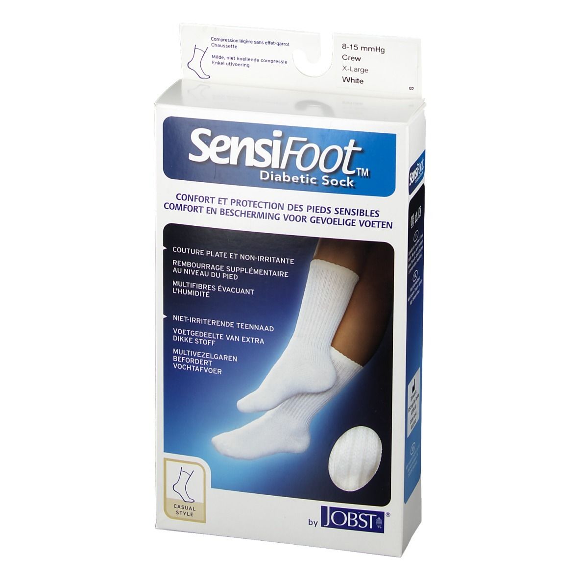 Witte sokken in verpakking. Opschrift: SensiFoot Diabetic Sock, CE-markering, Jobst-logo. Maat XL, compressie 8-15 mmHg.