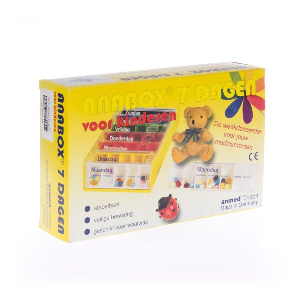 Gele Anabox 7 dagen pillendoos voor kinderen. Bevat zeven gekleurde dagboxen. Met teddybeer illustratie en CE-markering.