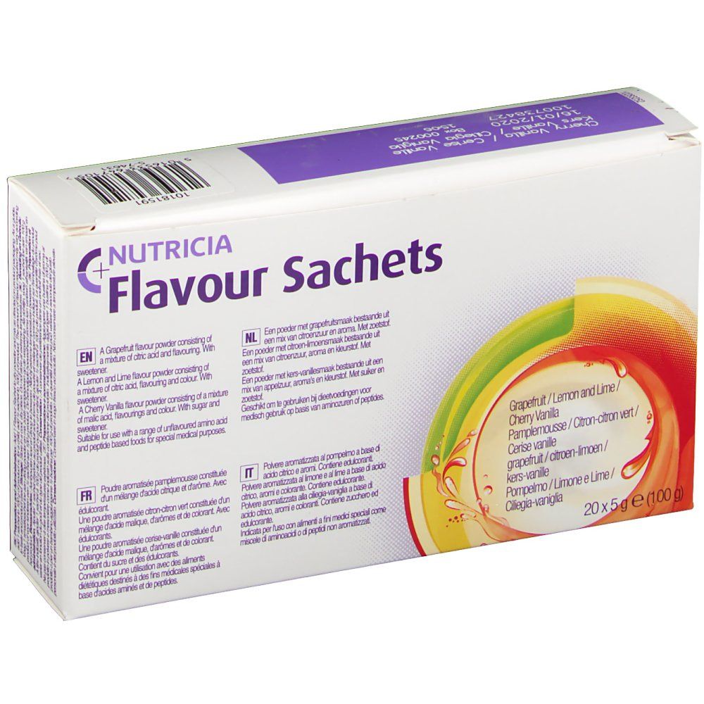 Boîte blanche Nutricia Flavour Sachets. Inscription: Cherry Vanilla. 20x5g sachets.