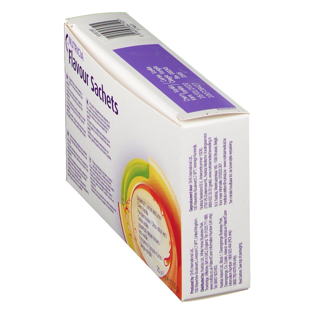 Boîte Nutricia Flavour Sachets. Inscription: Cherry Vanilla. Couvercle violet.