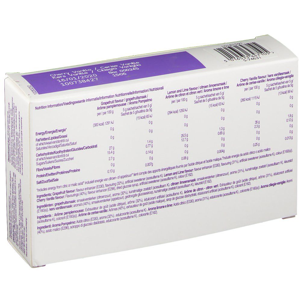 Dos de la boîte avec informations nutritionnelles. Inscription: Cherry Vanilla. Plusieurs langues.