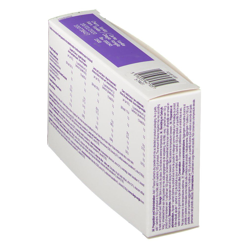 Boîte avec informations nutritionnelles. Inscription: Cherry Vanilla. Plusieurs langues. Couvercle violet.