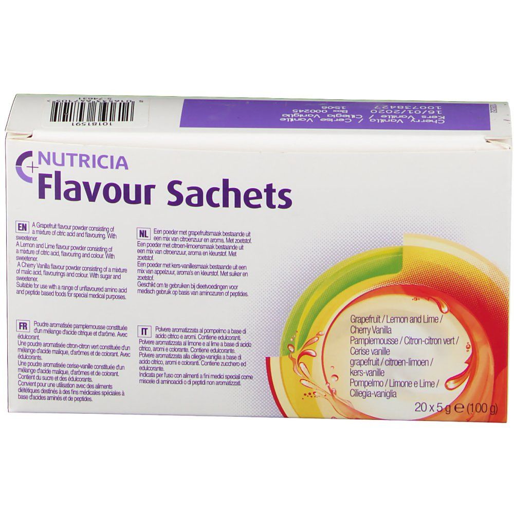 Boîte blanche Nutricia Flavour Sachets. Inscription: Cherry Vanilla. 20x5g sachets.