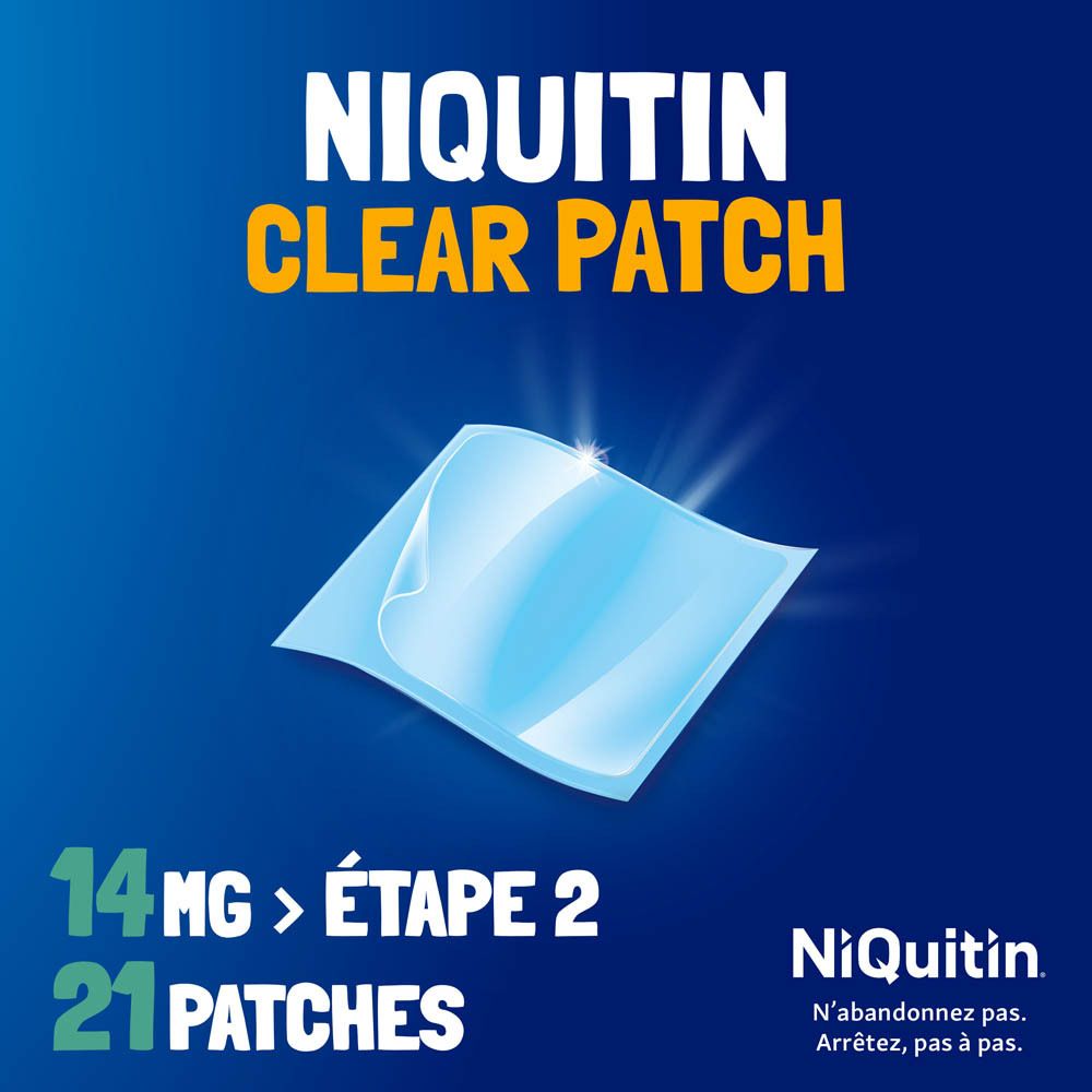 Fond bleu-jaune avec patch NiQuitin Clear. Texte: 14 mg > ÉTAPE 2, 21 PATCHES.