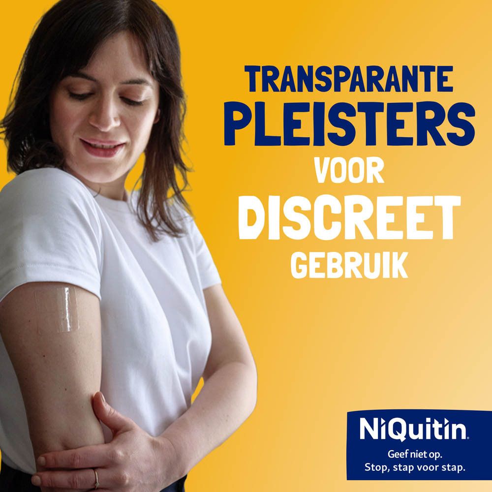 Vrouw met transparante pleister op arm. Tekst: TRANSPARANTE PLEISTERS VOOR DISCREET GEBRUIK.