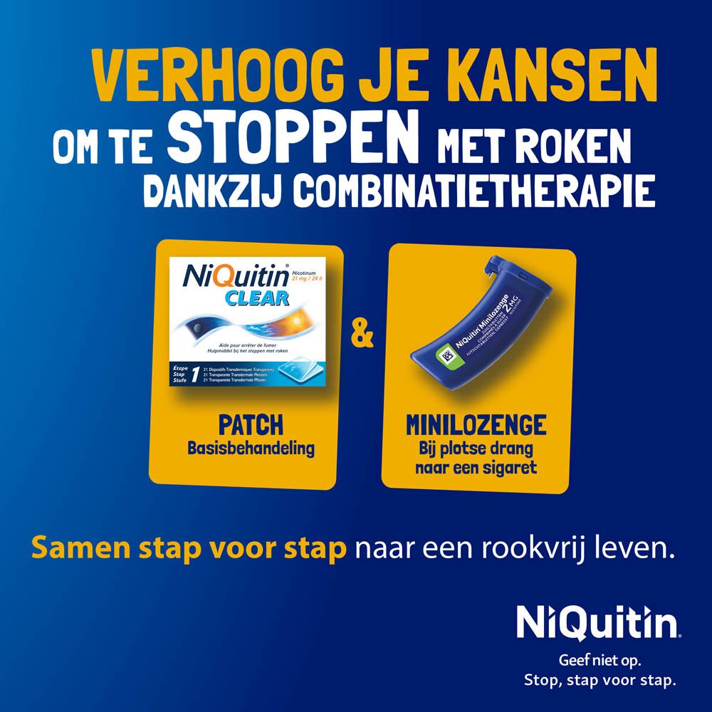Blauw-gele achtergrond met NiQuitin Clear verpakking en Minilozenges. Tekst: Verhoog je kansen om te stoppen met roken.