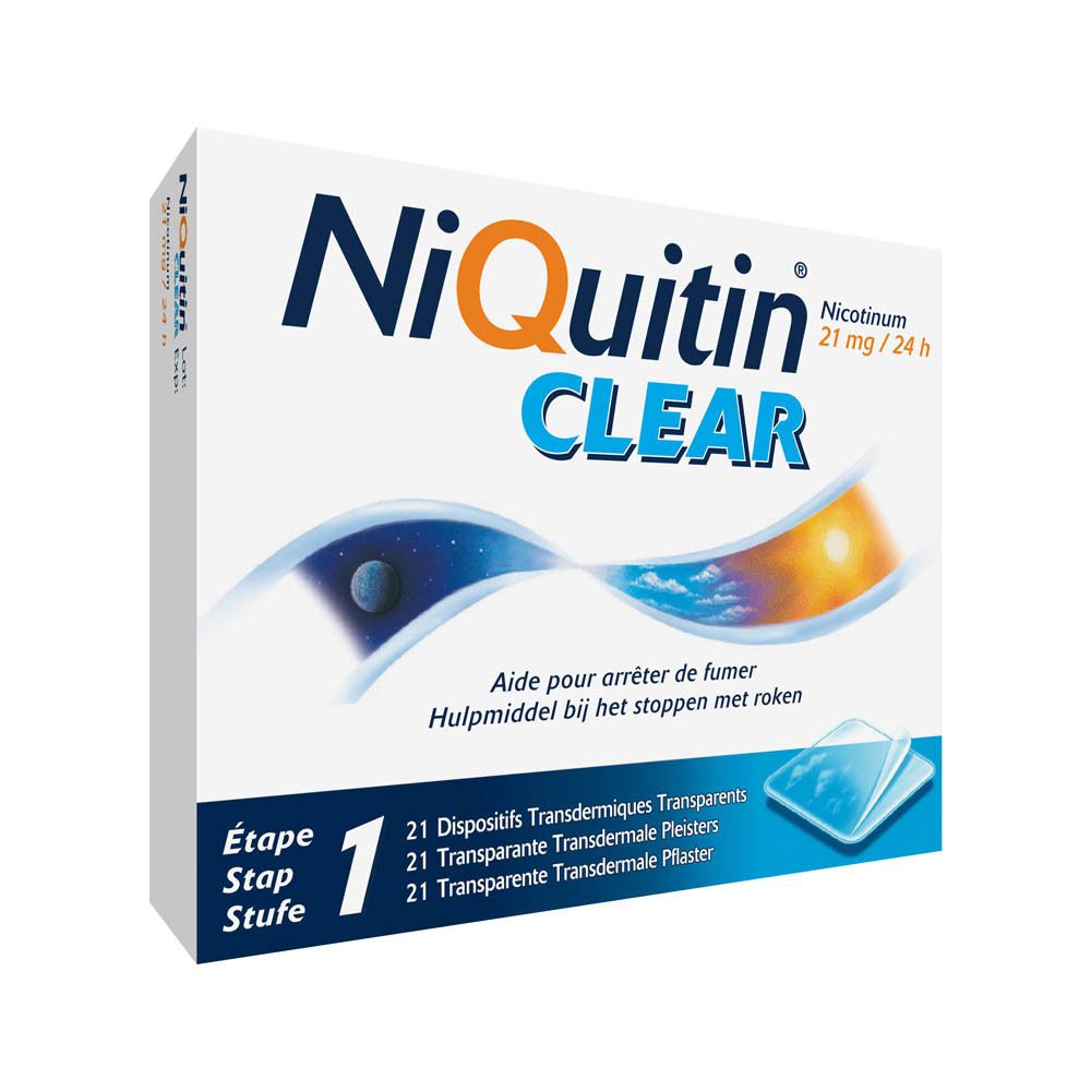 Boîte NiQuitin Clear. Contient 21 patchs transdermiques. 21 mg nicotine/24 h. Aide à arrêter de fumer.