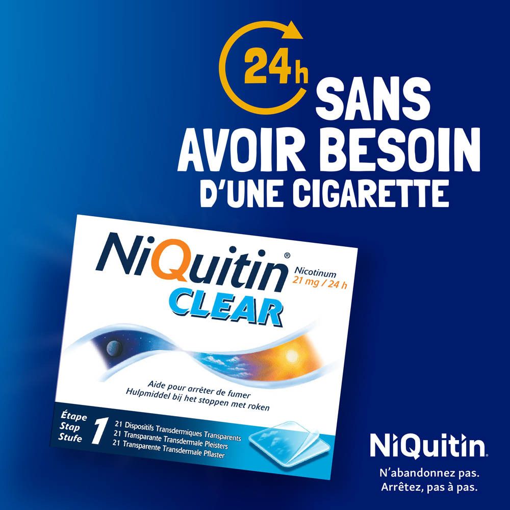 Boîte NiQuitin Clear. 21 mg nicotine/24 h. Aide à arrêter de fumer. Sur fond bleu.
