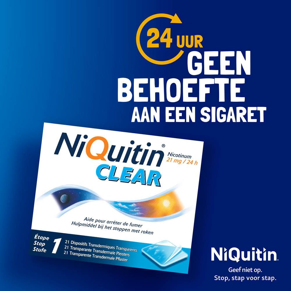 NiQuitin Clear verpakking. 21 mg nicotine/24 uur. Helpt bij stoppen met roken. Op blauwe achtergrond.
