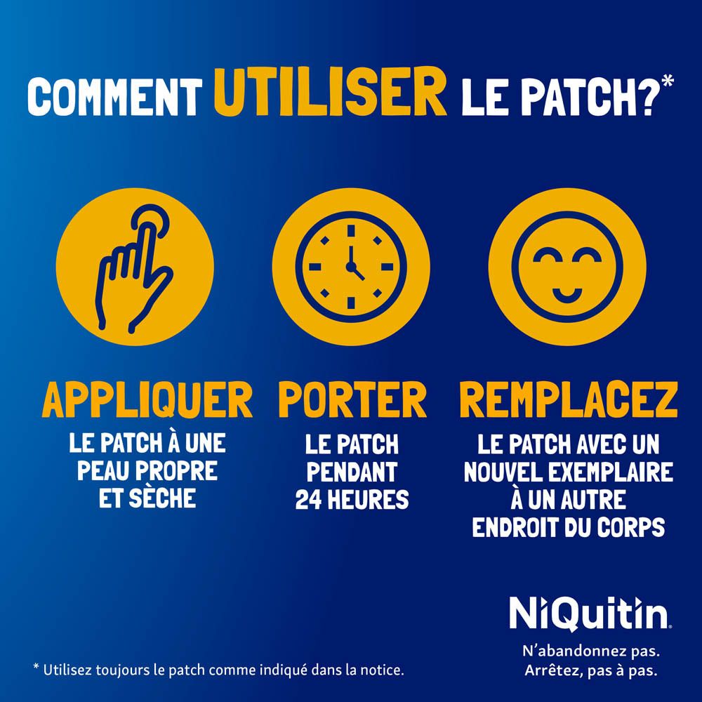 Utilisation du patch NiQuitin Clear. Appliquer sur peau propre, porter 24h, remplacer.