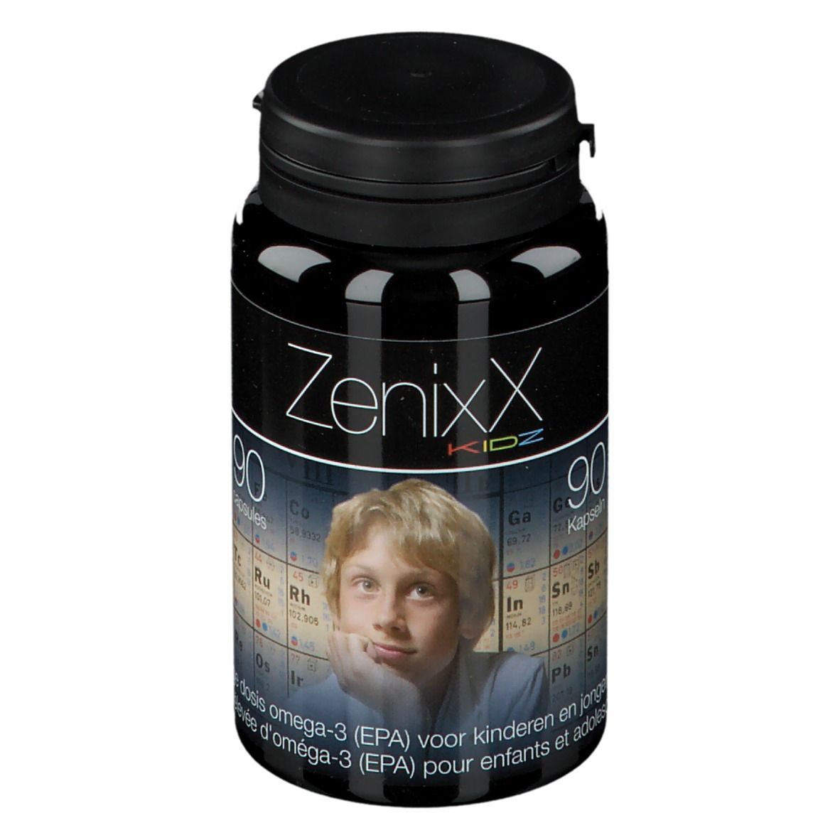 Flacon noir ZenixX Kidz. 90 capsules. Image d'un garçon. Oméga-3 pour enfants et adolescents.