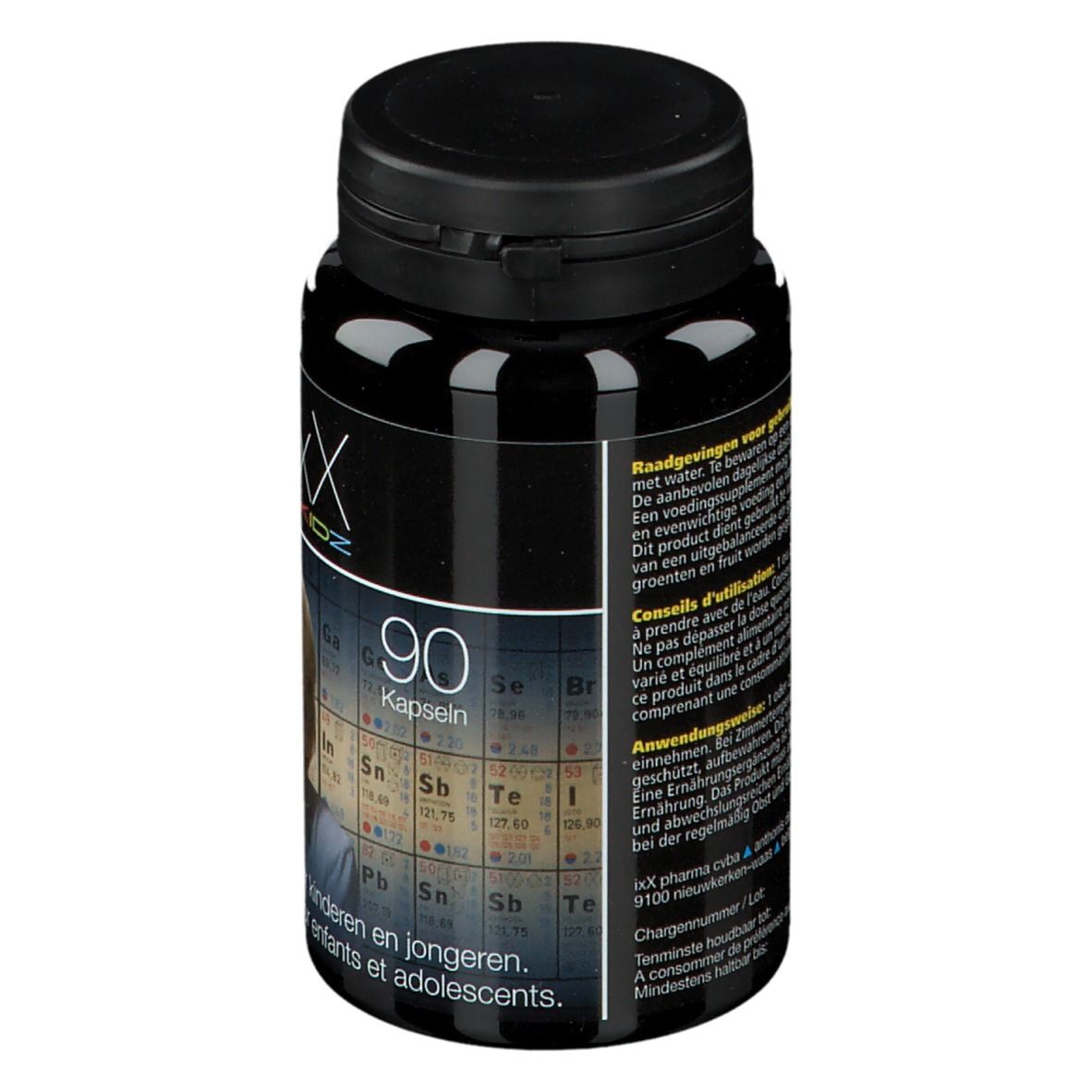 Dos du flacon noir ZenixX Kidz. Texte, 90 capsules. Oméga-3 pour enfants et adolescents.