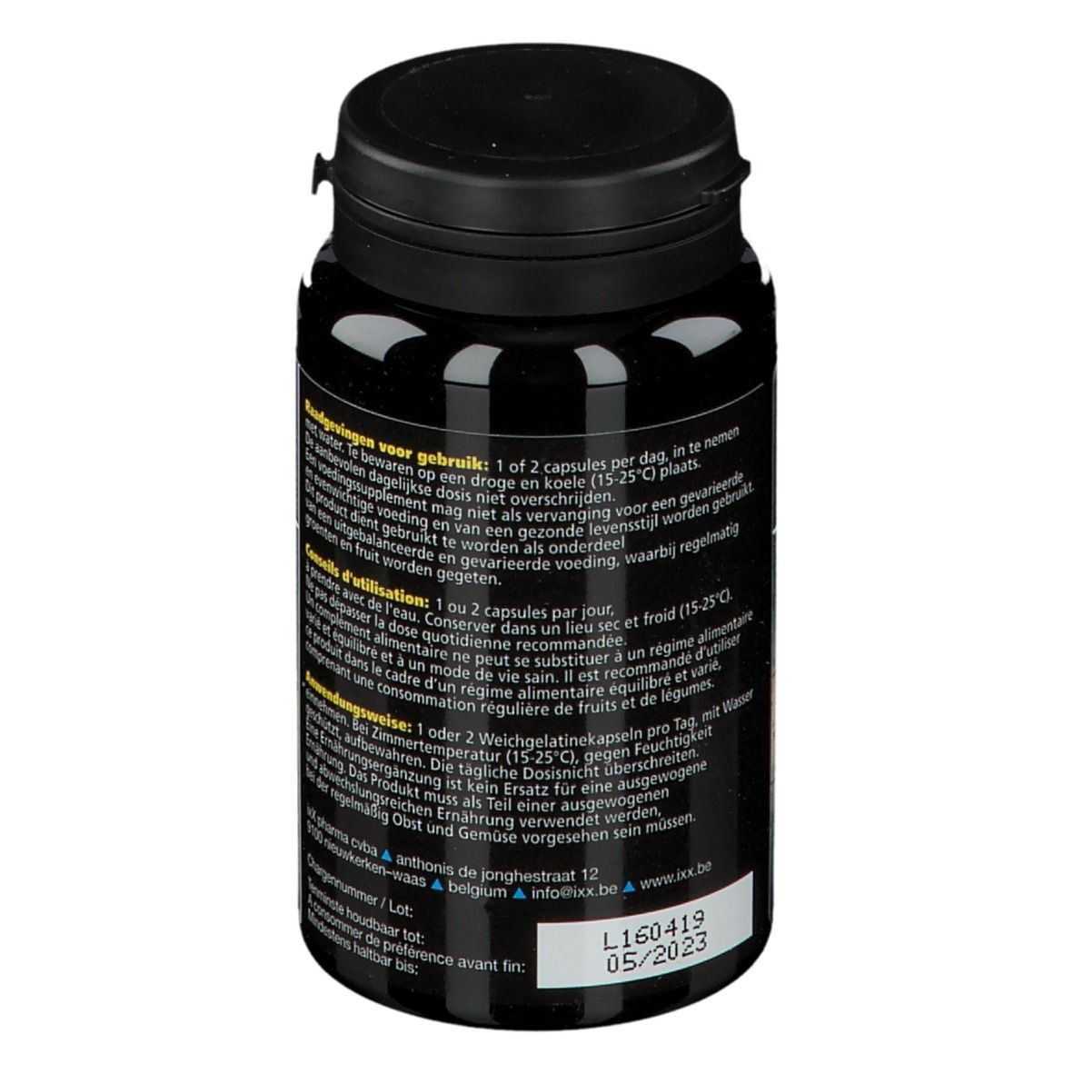 Dos du flacon noir ZenixX Kidz. Texte, 90 capsules. Oméga-3 pour enfants et adolescents.
