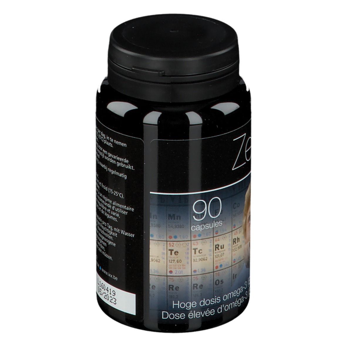 Flacon noir ZenixX Kidz. 90 capsules. Texte: Oméga-3. Pour enfants et adolescents.