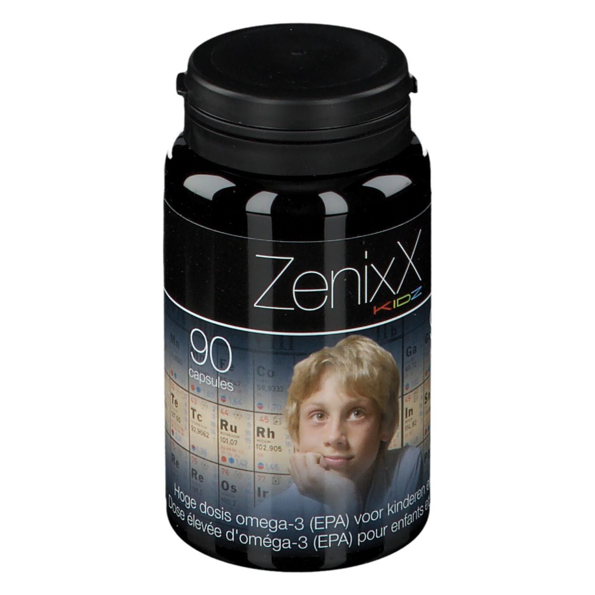 Flacon noir ZenixX Kidz. 90 capsules. Image d'un garçon. Oméga-3 pour enfants et adolescents.
